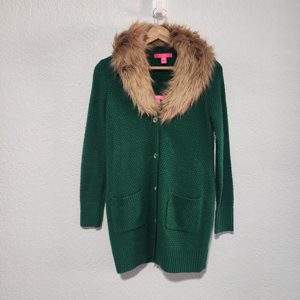 Lilly Pulitzer Faux Fur Trim Cardigan Knit Sweater And Tank Top Green XS Preppy